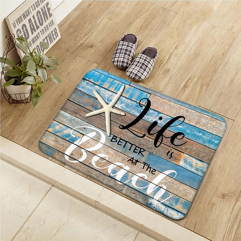 Life is Better at The Beach Door Mat Front Door Welcome Mat Ocean Coastal Starfish Entrance Rug Beach Wood Grain Non Slip Floor Mat for Kitchen En...
