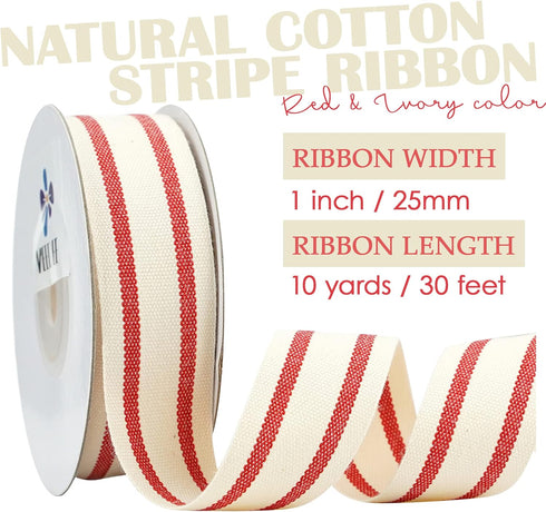 MEEDEE Natural Cotton Ribbon Stripes Fabric Ribbon 1 inch Red and White Stripe Ribbon for DIY Crafts Ribbon for Gift Wrapping Home Decor Sewing (1...