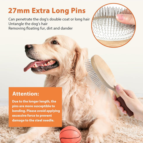 Dog Brush for Long Haired Dogs, Deshedding Dog Brush, 27mm Extra Long Pin Brush, Dog Grooming Brush for Shedding - Ash Wood Material, Non-Slip Rub...