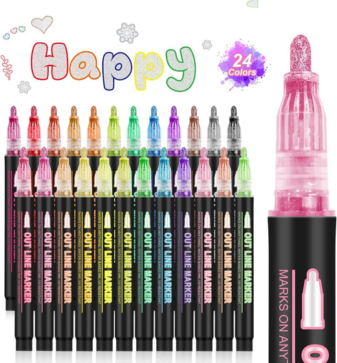 Double Line Outline Markers, 24 Colors Self-Outline Metallic Markers Super Squiggles Shimmer Outline Marker Set for Drawing, Birthday Greeting Car...
