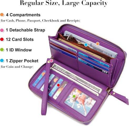 VOCUS Womens Wallet RFID Blocking Zip Around Wallet PU Leather Large Travel Long Purse Credit Card Holder with Wristlet...