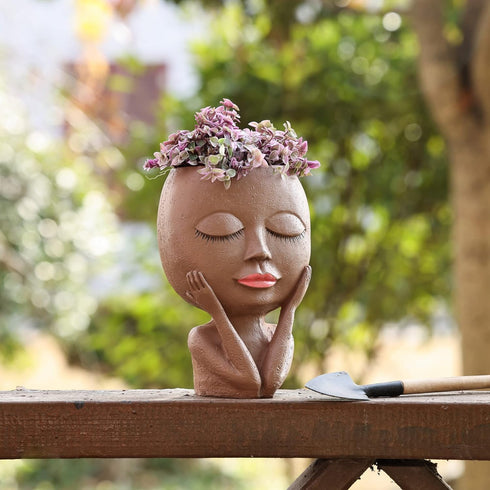 AIMEBBY Face Flower Pot Head Planter Pot Succulent Planter Cute Resin Cactus Planter with Drainage Hole Closed Eyes,Black...