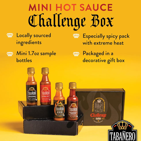 Mini Hot Sauce Challenge Box by Tabañero, Original, Extra Hot, XXX Hot & Dragon’s Breath, Hot Sauce Gift, Gluten Free, All Natural, Low Sodium, Ve...