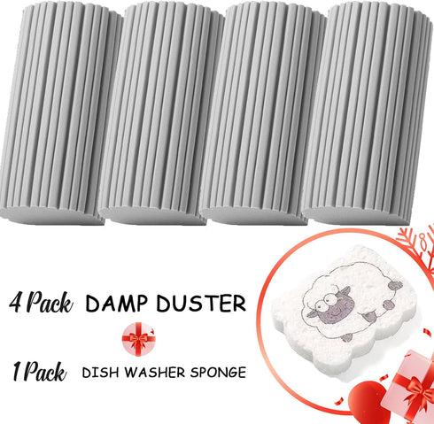 4-Pack Damp Clean Duster Sponge and 1- Pack Cellulose Dishwasher Sponge, Brush for Cleaning Blinds, Glass, Baseboards, Vents, Railings, Mirrors, W...