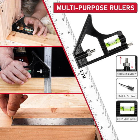 P.I.T. 12 Inch Combination Square, Multi-Purpose Square Tool, Heavy Duty Stainless Steel Ruler with Movable Bubble Level for Angle/Measuring Marks...