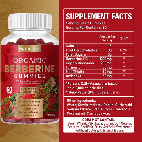 Premium Berberine HCl Gummies (1200mg) with Ceylon Cinnamon, Turmeric, Milk Thistle, and Artichoke - Sugar Free Gluten Free High Potency Supplemen...