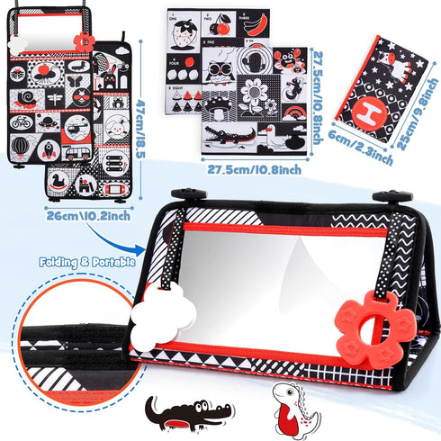Baby Mirror Tummy Time Toys: 3 in 1 Black White High Contrast Baby Mirror with Book & Mat Montessori Toy for 0 3 6 9 12 Months Newborn Gifts for B...