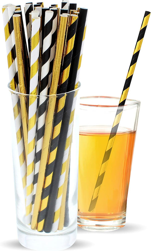 Black and Gold Straws - Great for Gold Party Decorations, Graduation, Bachelorette, Wedding, New Years Eve Parties - 125 Biodegradable Disposable ...