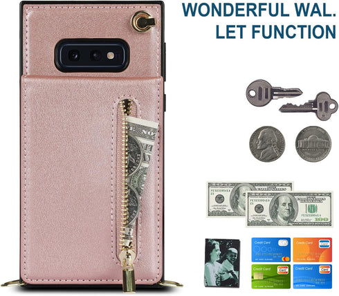 Phone Case for Samsung Galaxy S10e Wallet Cover with Crossbody Strap Leather Card Holder Flip Cases Lanyard Kickstand Credit Slots Magnetic Clasp ...