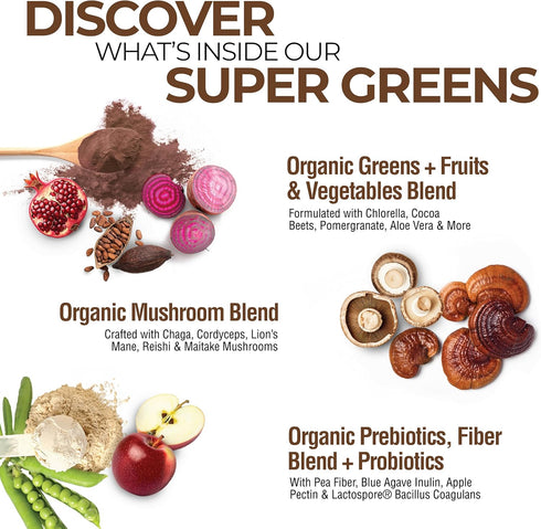 COUNTRY FARMS Organic Super Greens Chocolate Flavor, 50 Organic Super Foods, USDA Organic Drink Mix, Packed with Fiber, Fruits, Vegetables, Mushro...