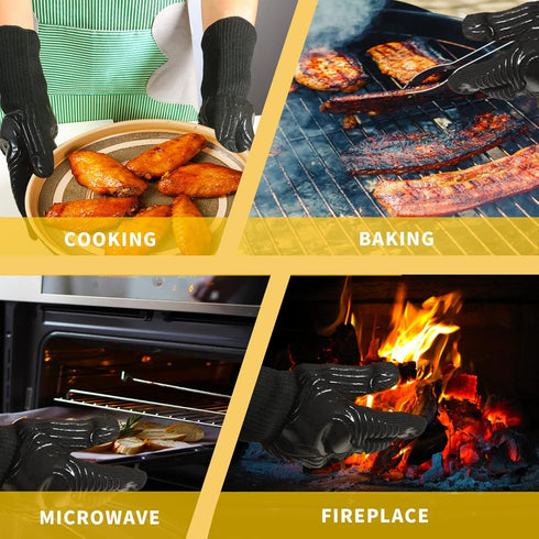 BBQ Gloves, 1472°F Heat Resistant Fireproof Mitts, Silicone Non-Slip Washable Oven Kitchen Gloves for Barbecue, Grilling, Cooking, Baking, Camping...