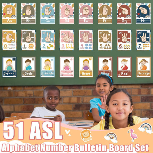 gisgfim 51Pcs ASL Alphabet Line Bulletin Board Set Sign Language Flash Cards ABC Number Learning American Sign Language Poster Wall Decor for Kid ...