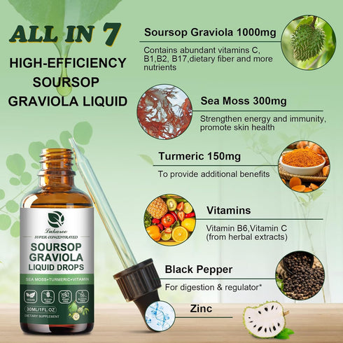 Soursop Graviola Leaf Extract Liquid Drop Plus Pure Botanical Sea Moss for Cell Support & Regeneration, Immunity, Liver, Zzz & Antioxidant - Sours...