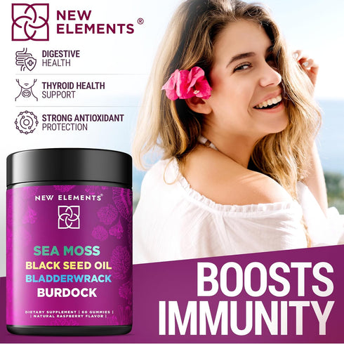 Organic Sea Moss Gummies with Black Seed Oil, Bladderwrack & Burdock Root | Irish Sea Moss Supplement 1000mg | 4 in 1 Advanced Formula 4X Stronger...