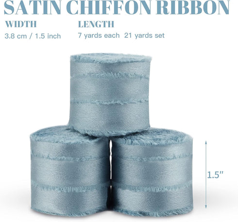 Dusty Blue Silk Ribbon, Satin Chiffon Frayed Fabric Ribbons for Gift Wrapping Crafts Flower Bouquets Wedding Invitation Decor Baby Shower 1-1/2 in...