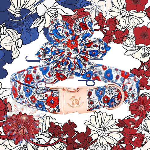 Elegant little tail Independence Day Dog Collar, Blue with Red Flower Dog Collars Holiday Dog Collar with Flower Pet Gift Adjustable Puppy Collar ...