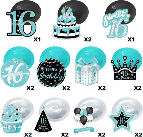 Sumind 30 Pcs Birthday Hanging Swirl Decorations, Teal Silver Black Blue Turquoise Happy Birthday Foil Swirls Ceiling Decor for Girls Sweet Decora...