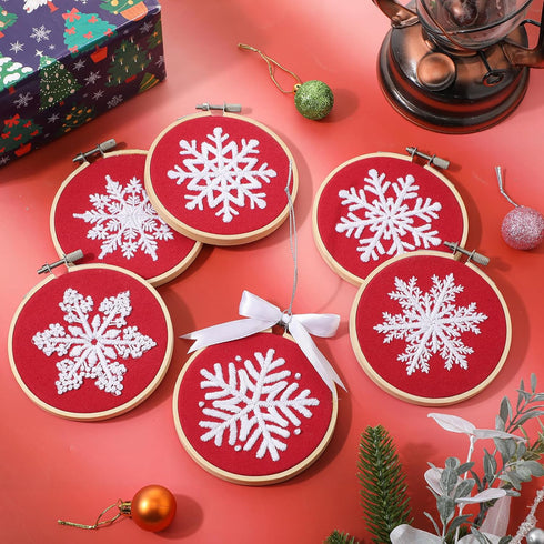 6 Sets Winter Embroidery Kit for Beginners Snowflakes Christmas Cross DIY Needlepoint Kit with Patterns, Instructions, Embroidery Hoops, Threads, ...