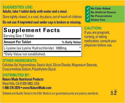 Nature Made L-Lysine 1000 mg, Dietary Supplement, 60 Tablets, 60 Day Supply...