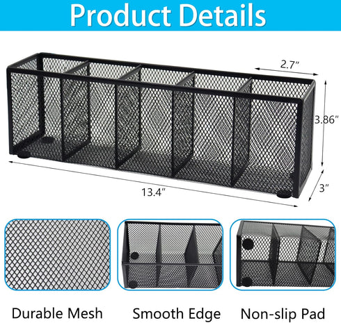 Black Mesh Pen Pencil Holder, Small Metal Desk Organizer Desktop Stationery Office Supplies Acessories Storage Stand, 5 Compartments Brushes Holde...