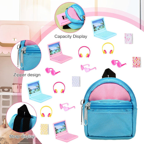 20 Pieces Doll Backpack Set Dollhouse School Accessories Doll Travel Supplies Include Mini Laptop Scene Simulation Backpack Bag with Zipper Mini H...