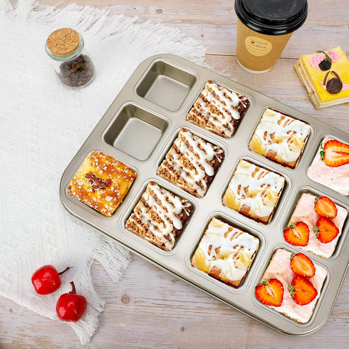 Beasea Brownie Pan with Dividers, 1 Set Gold All Edges Square Cupcake Brownie Pans 12 Cavity Mini Non Stick Baking Carbon Steel Bread Mold Small E...