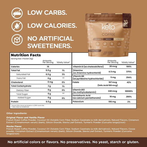 Keto Vitals Instant Keto Coffee Powder - Low-Calorie Sweetened Coffee Packets, Single Serve - Instant Mix in Original, Vanilla, & Mocha Flavors - ...