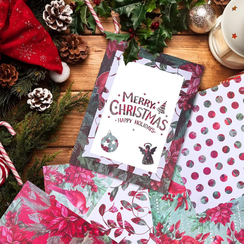 Double-Sided Christmas Scrapbook Paper, 12 Inch Poinsettia Berry Holly Pattern Paper Pad 24 Sheets Red Floral Decorative Craft Paper for Card Maki...