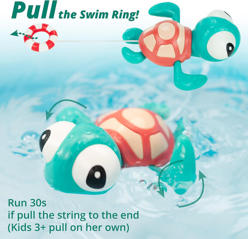 Pull-string Swimming Sea Friends Bath Toy for Kids (Turtle with Swim Ring)...