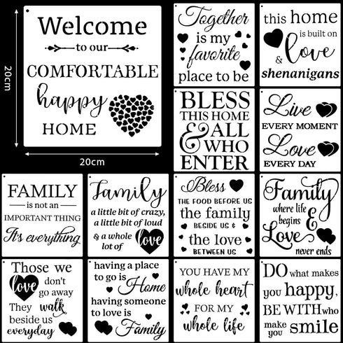 16 Pieces Inspirational Word Stencils Family Sign Stencils Reusable Painting Stencils Love Home Template with Metal Open Ring for Painting on Wood...