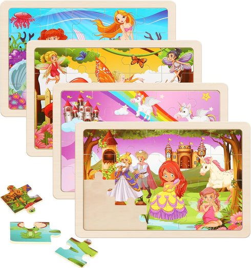 Wooden Puzzles Toys for Kids Ages 3-5, Set of 4 Packs with 20-Piece Unicorn Mermaid Princess Wood Jigsaw Puzzles, Preschool Educational Brain Teas...