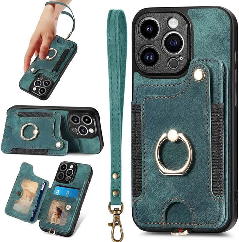 JanCalm iPhone 13 Pro Leather Flip Case, Card Holder, RFID-Blocking, Magnetic, Ring Holder (Green)...