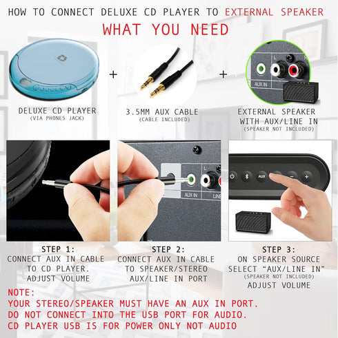 Deluxe Products CD Player Portable with 60 Second Anti Skip, Stereo Earbuds, Includes Aux in Cable and AC USB Power Cable for use at Home or in Ca...