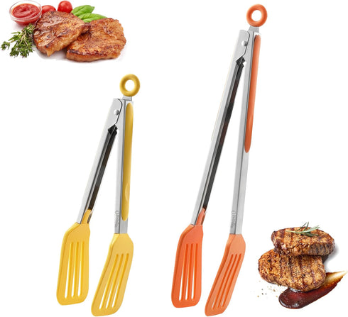 2PCS Kitchen Tongs, OHOLA Heat Resistant Silicone Tongs for Cooking, Extra Wide Silicone Tips, Pull Lock, 9 and 12 inch (Orange + Yellow)...