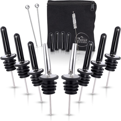 Bottle Pourers Set: 8 Stainless Steel Pour Spouts, 10 Long Dust Cap, 2 Cocktail Picks, Brush and Storage Bag - Metal Toppers for Liquor Spout Pour...