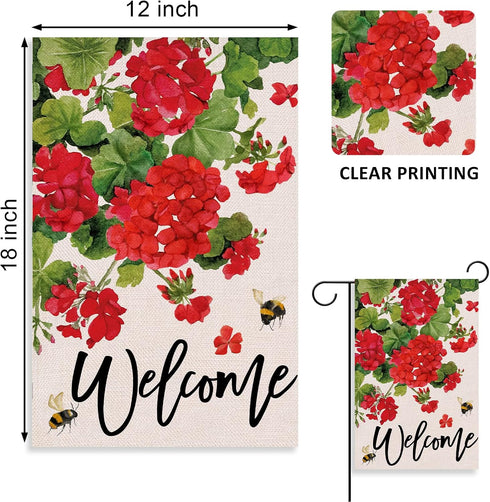Welcome Spring Geranium Decorative Garden Flag, Red Floral Flowers Bee Yard Outside Decorations, Summer Farmhouse Outdoor Small Home Decor Double ...