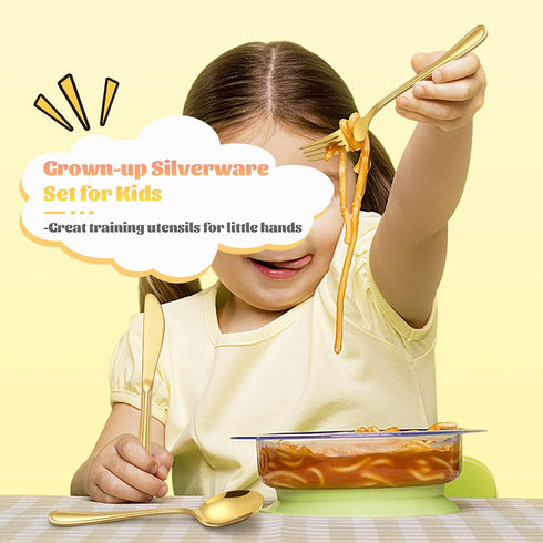 12-Piece Gold Kids Silverware, E-far Stainless Steel Toddler Kids Utensils Safe for Preschooler/Children, Includes 4 Forks 4 Spoons 4 Knife, Sliml...