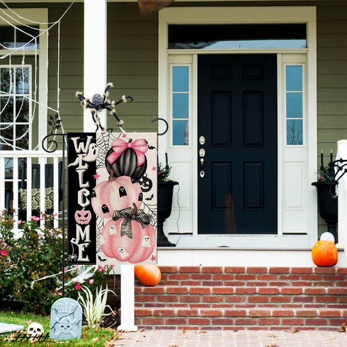 Halloween Garden Flag Double-Sided Welcome Yard Flag Spooky Ghost Pink Pumpkin Holiday Outdoor Decorative Fabric Flag for Patio Lawn Halloween Par...