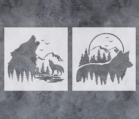 GSS Designs Mountain Forest Wolf Stencils (2 Pack) - Reusable Woodland Animal Stencil (12x12Inch) for Painting on Wood Wall Garden Flag Fabric Can...