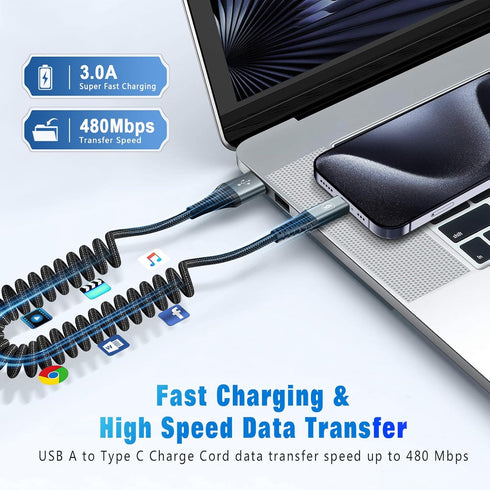 2 Pack 3FT USB C Charger Cable 60W Fast Charging, Coiled USB A to USB C Cable for Car Compatible with iPhone 15 Series, Samsung Galaxy S24 / S23 /...