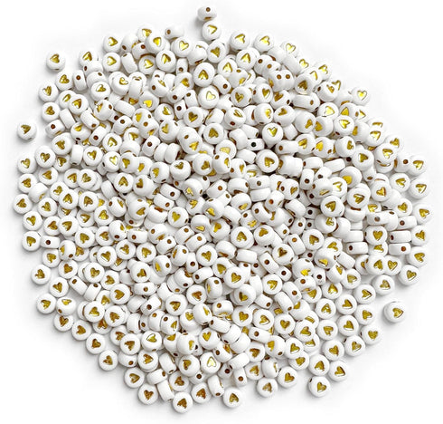 600pcs White Gold Acrylic Heart Beads Kit,4x7mm Gold Heart Shaped Beads Flat Round Spacer Beads Plastic Loose Beads for Jewelry Making,DIY Bracele...