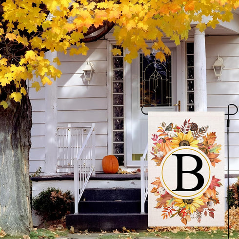 Fall Monogram Letter B Garden Flag Maple Leaves Sunflower Pumpkin 12x18 Inch Double Sided for Outside Family Last Name Initial Yard Flag Seasonal ...