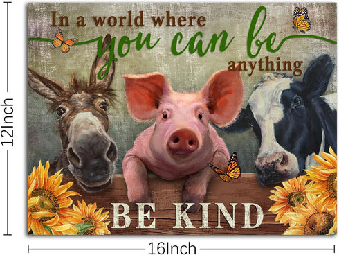 WOWGOOMO Rustic Farm Cow Pig Donkey Wall Art Be Kind Movitational Wall Art for Office Farmhouse Animal Picture Print on Canvas Painting Framed Art...