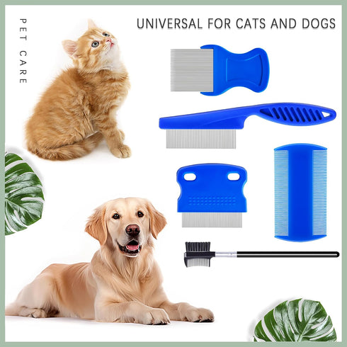 5 Pack Flea Lice Comb,Stainless Steel Dog Cat Grooming Combs With Rounded Teeth,Double-Sided Tear Stain Remover,Dematting Comb For Dogs Cats Ideal...