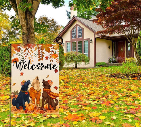 Welcome Fall Garden Flags for Outside 12x18 Double Sided Burlap, Seasonal Autumn Dogs Leaves Pumpkin September Thanksgiving Garden Flag Fall Outdo...