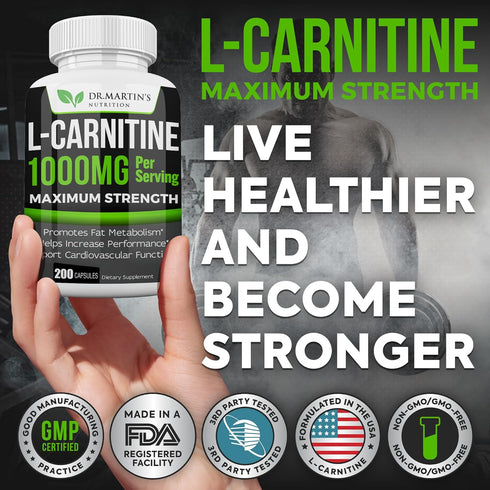 DR. MARTIN'S NUTRITION Extra Strength L-Carnitine - 200 Capsules - 1000mg Per Serving - Boost Your Metabolism and Increase Performance...