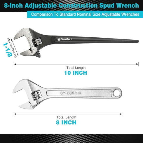 DURATECH 8-Inch Adjustable Construction Spud Wrench, Black Oxide Finish, CR-V Steel, SAE and Metric Scale Marked, Alignment Holes and Tail Crowbar...