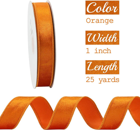 MEEDEE Orange Velvet Ribbon 1 Inch Velvet Wired Ribbon 25 Yards Crushed Velvet Ribbon Velvet Christmas Ribbon Burnt Orange Velvet Ribbon for Chris...