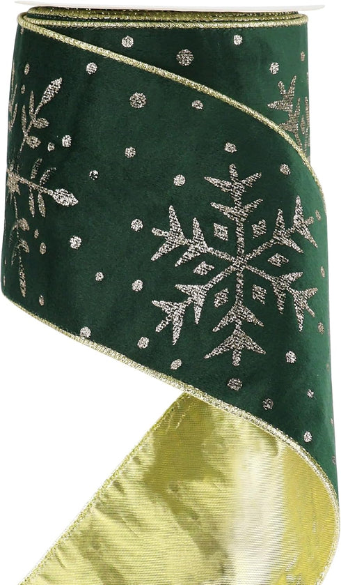 HUIHUANG Snowflake Wired Ribbon 4 inch Green Velvet Ribbon with Gold Glitter Snowflakes for Christmas Trees, Wreaths, Tree Top Bows, Garland, Stai...