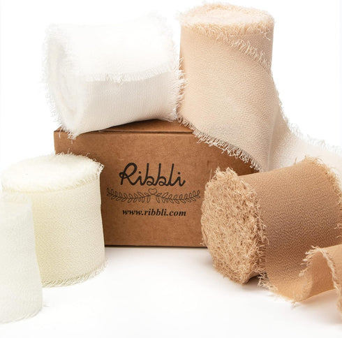 Ribbli 4 Rolls Nude Beige Chiffon Ribbon Set,Handmade Fringe Silk Ribbon,1.5 in x 5 Yd Per Roll,White/Ivory/Nude/Beige Ribbon for Wedding Invitati...